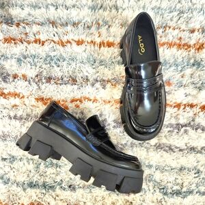 Aldo Bigshow Black Leather Platform Loafers Size 7